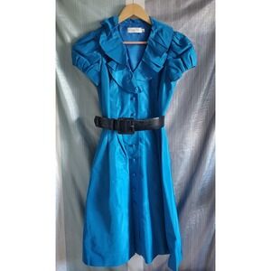 Teri Jon Rickie Freeman Teal Blue Silk Short Sleeve Button Front Belted Dress  4